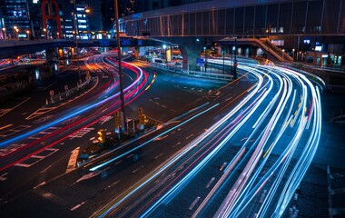 Fototapeta premium Dynamic night cityscape with traffic light trails in Tokyo.