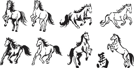 筆で描いた馬　年賀状素材