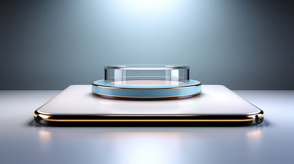 Blank circle pedestal for showing product, transparent glass material. promotion template, ai