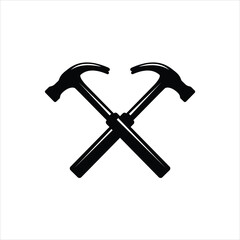 Black crossed carpenter hammers. Handyman, locksmith, joiner claw hammer tool for repair and maintenance. Flat icon isolated on white. Vector illustration