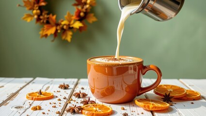 Warm beverage being poured into orange mug with autumn decor  