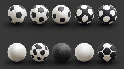 3D vector render of black and white soccer ball icons. Football symbols or emblems illustrated in a realistic style.
