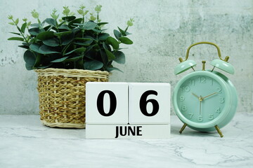 Wooden Calendar Showing the Date of June 6th. Day 6 of  June Month