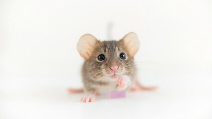 Cute and Curious Mouse Exploring White Background with Pink Paws
