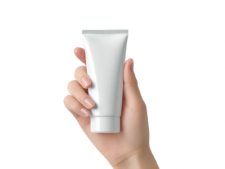 A woman's manicured hand delicately holds a sleek white tube of cosmetic cream, product, or gel against a pristine white backdrop in a beauty advertisement.