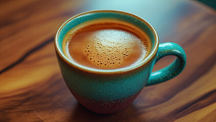 Cozy coffee in rustic teal mug, inviting abstract background image for warmth