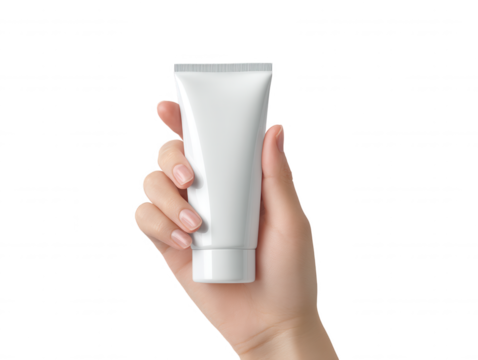 A woman's manicured hand delicately holds a sleek white tube of cosmetic cream, product, or gel against a pristine white backdrop in a beauty advertisement.