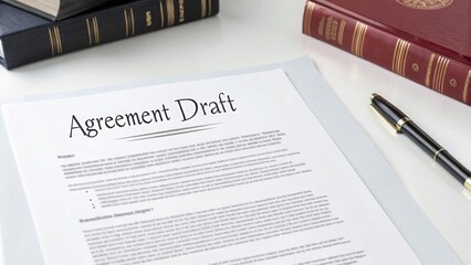 Legal, tax and agreement concept. Document with legal agreement draft on a desk with books and pen.