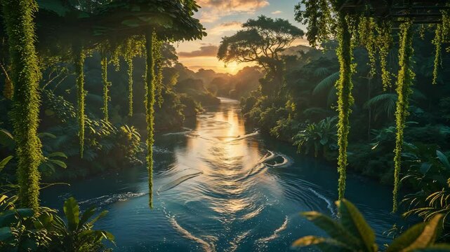 Lush tropical rainforest river at sunset with hanging vines and reflective waters