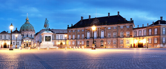 Copenhagen - Panorama of Amalienborg Palace Square with Historical Buildings and Equestrian King Frederik Statue,  Denmark