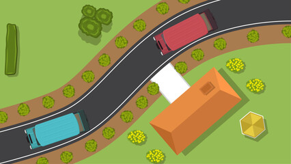 top view flat of golf cart car vehicle and park garden
