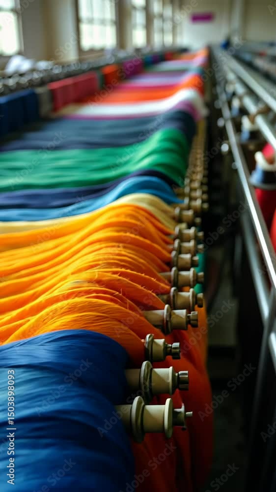 Poster a textile factory, rows of automated looms weaving colorful fabrics, with threads moving rhythmicall