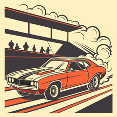 A powerful vintage muscle car roars down the drag strip, leaving trails of smoke and flames in its wake—captured in bold vector art perfect for apparel and posters