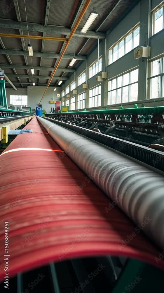 Poster a textile factory, rows of automated looms weaving colorful fabrics, with threads moving rhythmicall