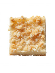 Fototapeta premium A delectable square dessert bar with creamy filling and a crumbly topping is presented on a stark white background creating a simple yet appetizing display.