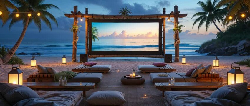 Luxury beachfront cinema experience with lounge seating and stunning sunset views perfect for relaxation and entertainment