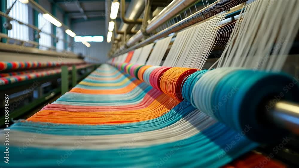 Poster a textile factory, rows of automated looms weaving colorful fabrics, with threads moving rhythmicall