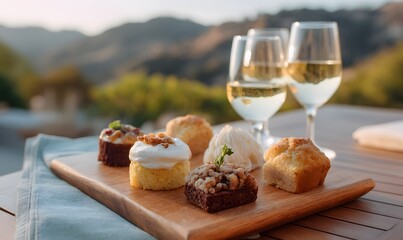 Overhead shot of assorted mini desserts displayed on a wooden serving board at a vineyard picnic, with wine glasses and scenic hills in the background. Generative AI