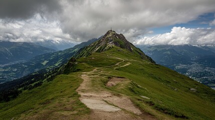 Fototapeta premium Summits and hiking trails. Shoot green meadow landscapes from high angles, cinematic lights and cloudy skies, realistic natural scenes.