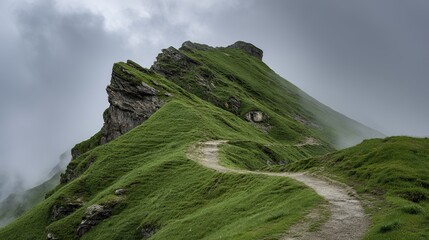 Summits and hiking trails. Shoot green meadow landscapes from high angles, cinematic lights and cloudy skies, realistic natural scenes.