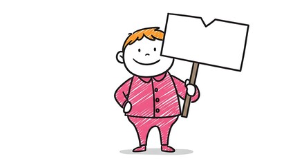 A cartoon boy in pink, smiling, holds a blank white sign, illustrated in a simple, sketched style.