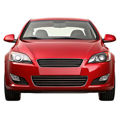 Frontal view of a shiny red car with visible headlights and grill on a black background image shot