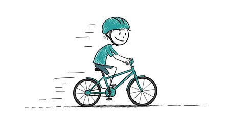 A cheerful stick figure with a helmet is riding a teal bicycle with speed lines around the figure.