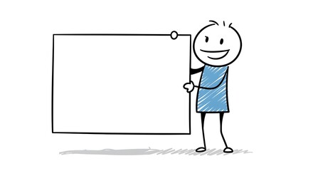 Whimsical stick figure smiles while presenting a blank framed whiteboard, offering a space for text.