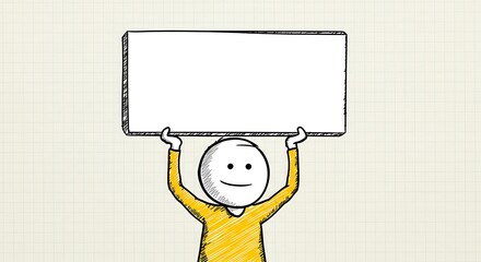 Smiling stick figure holds a blank sign above his head in a hand-drawn illustration style.