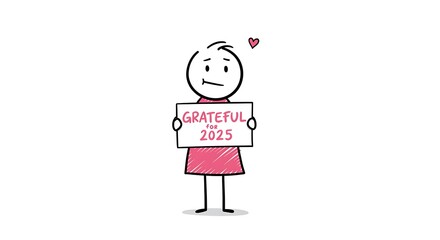 A stylized stick figure smiles while holding a sign expressing gratitude for the year 2025.