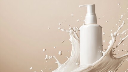 Over pale beige setting white cosmetic spray pump bottle covered milk depicting the notion of good skin and lactose-based skincare cures, Generative AI.