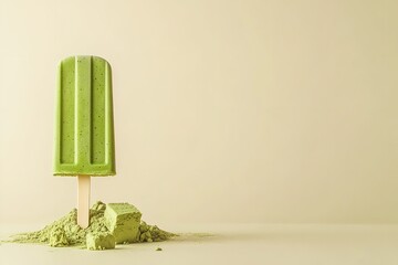 A shot of green popsicle with stick and an array of green matcha flakes over pale beige setting that depicts rest and a sunny mood, Generative AI.