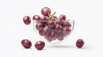 A arrayed clear dish of vivid ripe grapes rises in motion over stark white setting depicting summery vitality and organic goods, Generative AI.