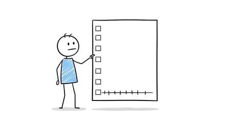 Stick figure thoughtfully reviews a checklist with checkboxes and a progress bar chart.