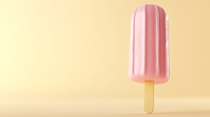 Over pale yellow setting one tiny pink popsicle with a stick pointing erect depicts cool summery delight delish food space, Generative AI.