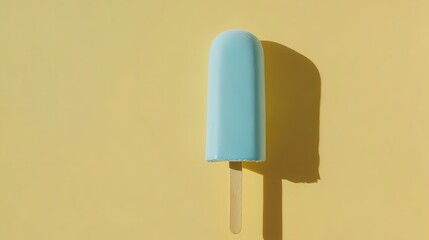 Over pale yellow setting one tiny blue popsicle with a stick pointing erect depicts a cool summery delight delish food space, Generative AI.
