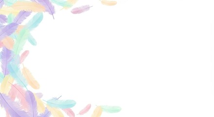 Vibrant purple, red, teal, and yellow feathers creating a natural, decorative frame on a plain white background.