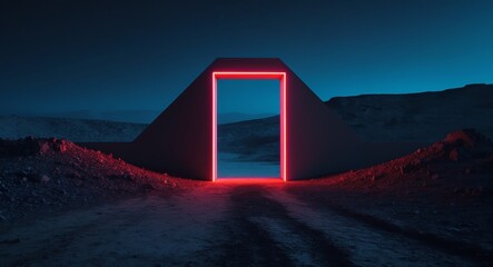 Red Neon Portal in a Surreal Landscape, Mysterious Gateway to Another Dimension.