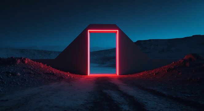 Red Neon Portal in a Surreal Landscape, Mysterious Gateway to Another Dimension.