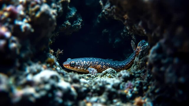 Sleeping newt hidden in rock crevice underwater