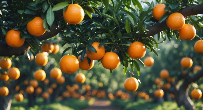 Abundant Orange Orchard, Ripe Citrus Fruits Hanging from Branches in the Sunlight.