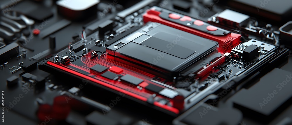 Poster a close-up view of a modern computer motherboard featuring intricate circuits and a striking red and