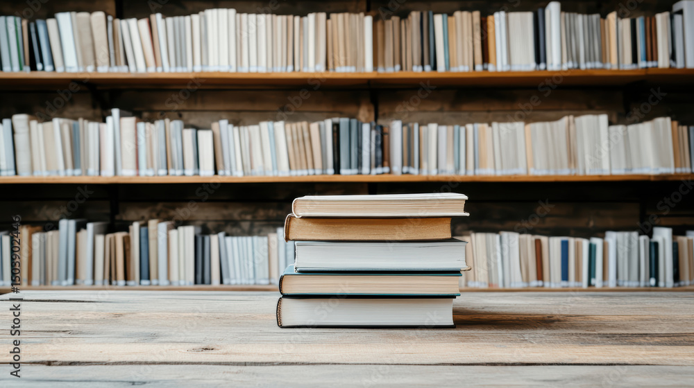 Poster stacked books on rustic wooden table with blurred bookshelf in background create cozy atmosphere