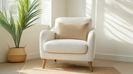 Cozy armchair with soft pillow in bright living room corner, surrounded by greenery