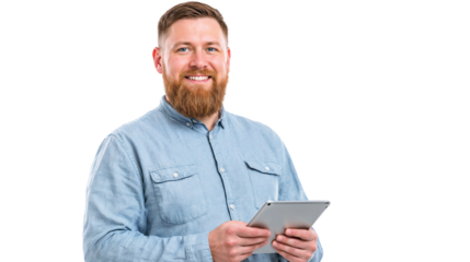 Professional businessman smiling, working on digital tablet against white backdrop. Transparent PNG background