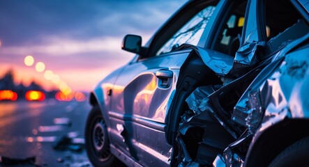 Obraz premium Severely Damaged Car After a Road Accident at Dusk, Dramatic Lighting.
