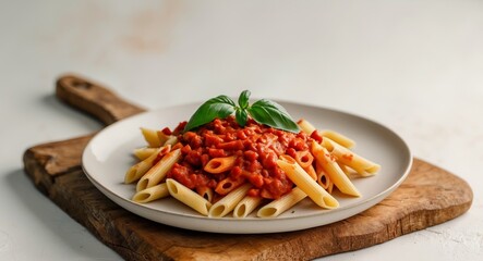 Penne pasta with tomato sauce and basil on wooden board, appetizing Italian cuisine.