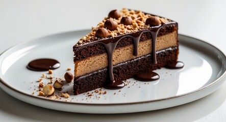 Slice of Decadent Hazelnut Chocolate Cake with Chocolate Drizzle on White Plate.