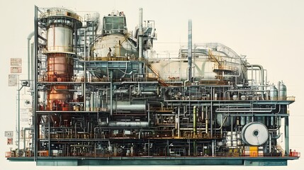 A detailed illustration of a complex industrial facility featuring various machinery and piping elements, showcasing advanced technology and mechanical design in an engineering con