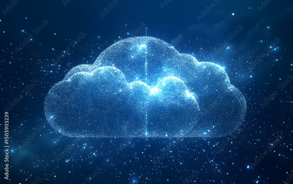 Poster a digital representation of a cloud made of glowing particles, symbolizing cloud computing and data 